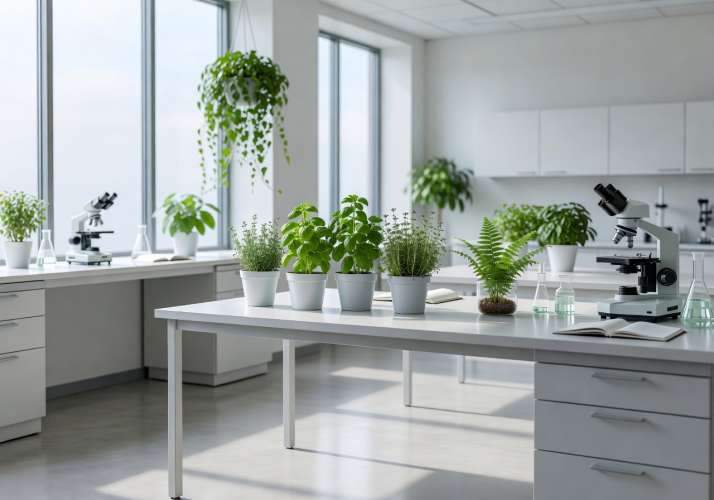 Clean modern laboratory setting with organic plants indicating botanical research