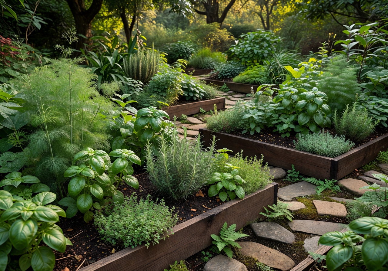 Lush green botanical garden showcasing organic herbs
