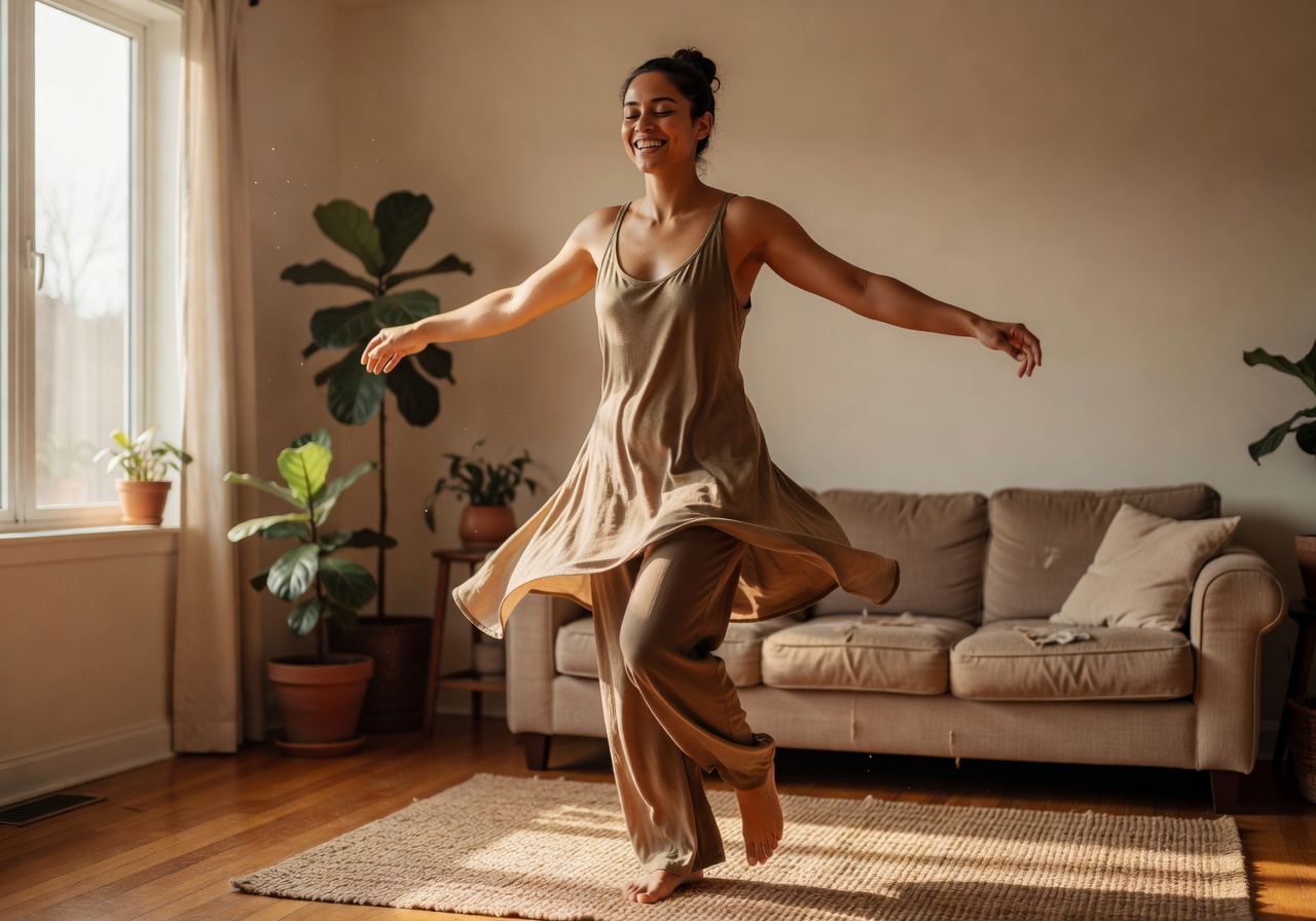 Person doing yoga and joyful movement in living room
