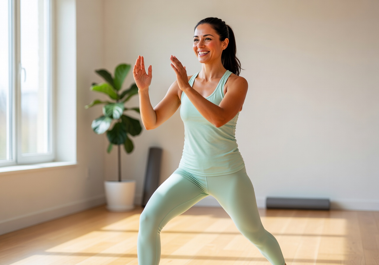 Woman performing joyful low-impact fitness exercise in a bright natural room